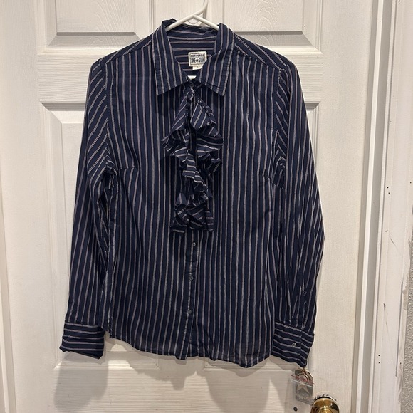 CONVERSE ONE STAR Womens Navy Maroon Striped Ruffle Front Shirt NWT Academia - Picture 1 of 8